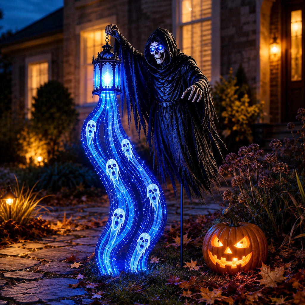 Halloween Soul Harvester Animated Solar Garden Stake Light, 31.5 Inch Grim Reaper Blue Ghost Light with Haunted Lantern, Spooky Outdoor Yard Decor for Lawn Walkway Garden