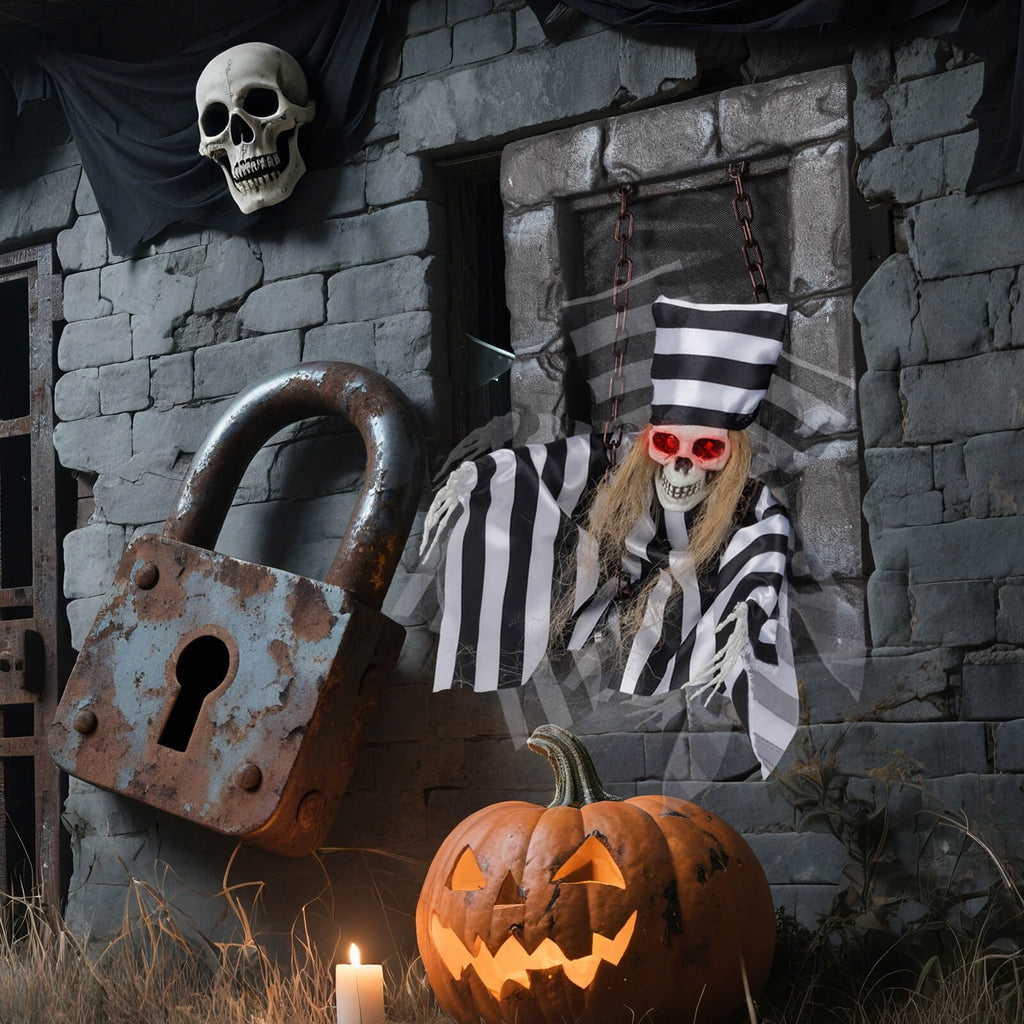 Costway Animated Halloween Decoration 18” Hanging Skull Prisoner with Light-up Eyes