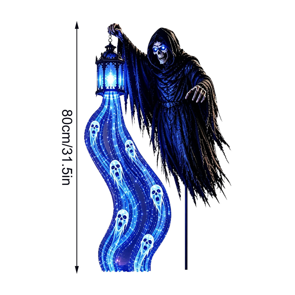 Halloween Soul Harvester Animated Solar Garden Stake Light, 31.5 Inch Grim Reaper Blue Ghost Light with Haunted Lantern, Spooky Outdoor Yard Decor for Lawn Walkway Garden