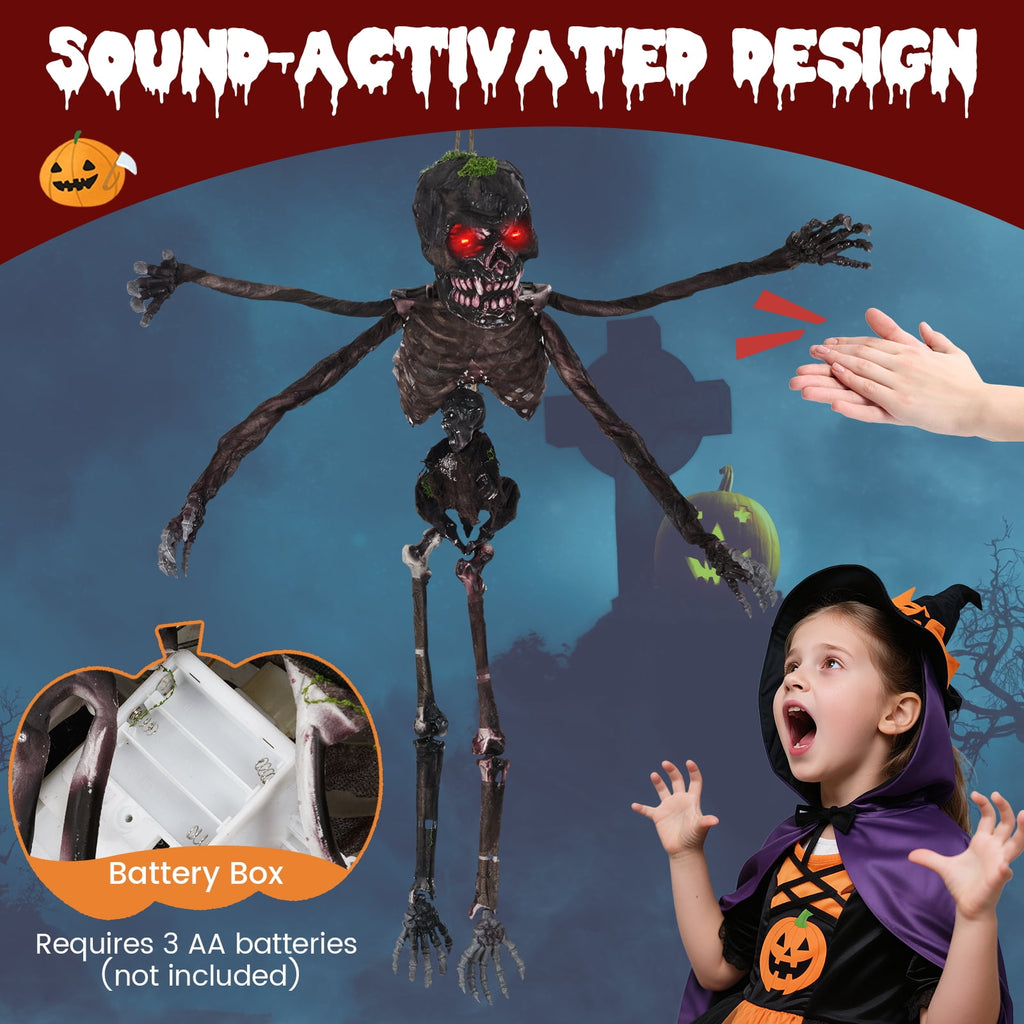 Gymax 6 FT Animated Halloween Decoration Hanging Zombie Light-up Eyes Poseable Arms