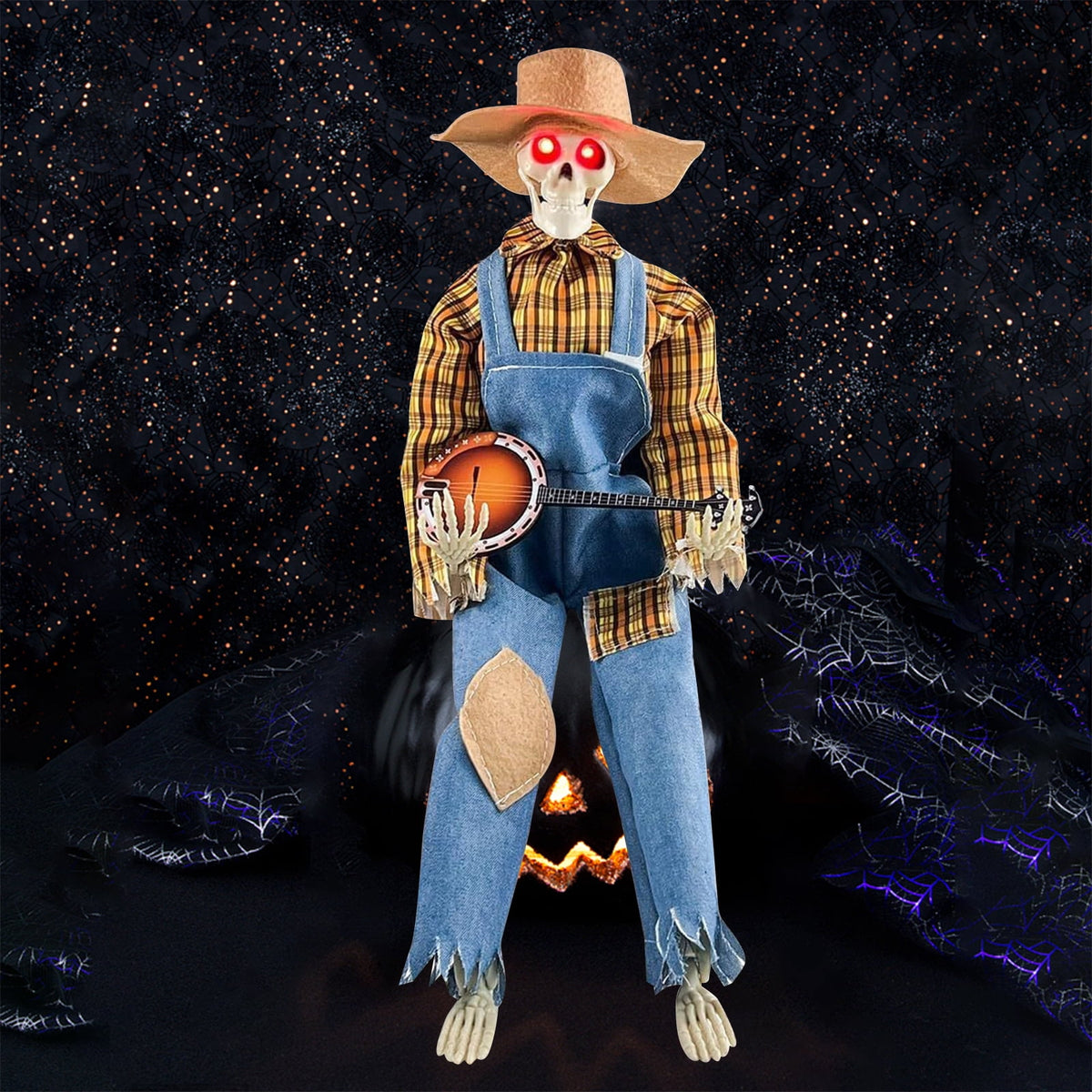 15" Animated Banjo Cowboy Skeletons with Clothes and Hat for Party Shelf Halloween Decorations(Red)