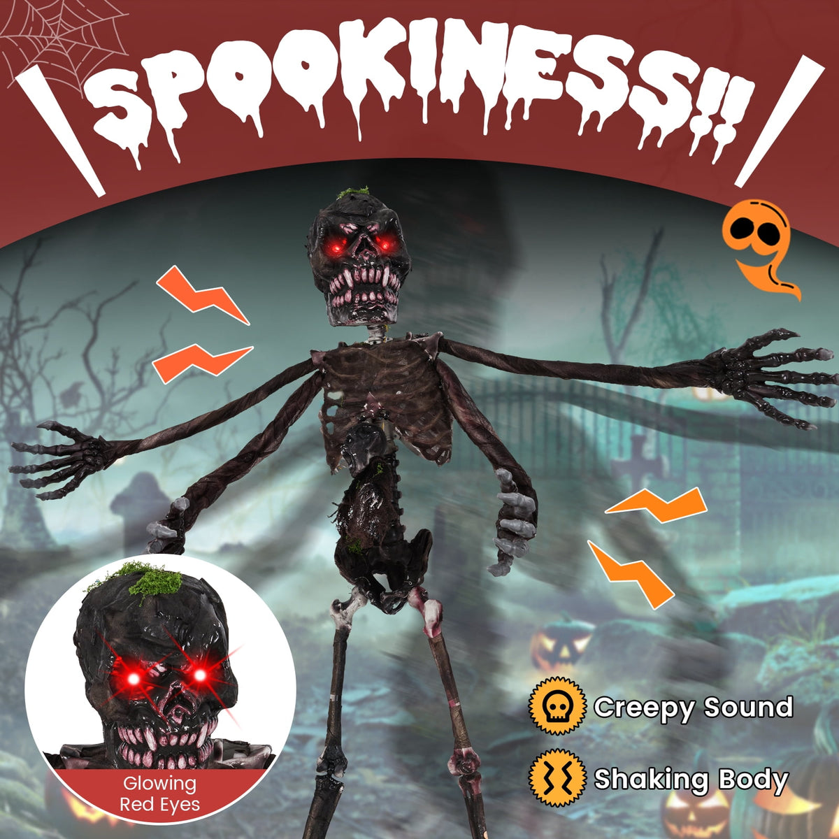 Gymax 6 FT Animated Halloween Decoration Hanging Zombie Light-up Eyes Poseable Arms