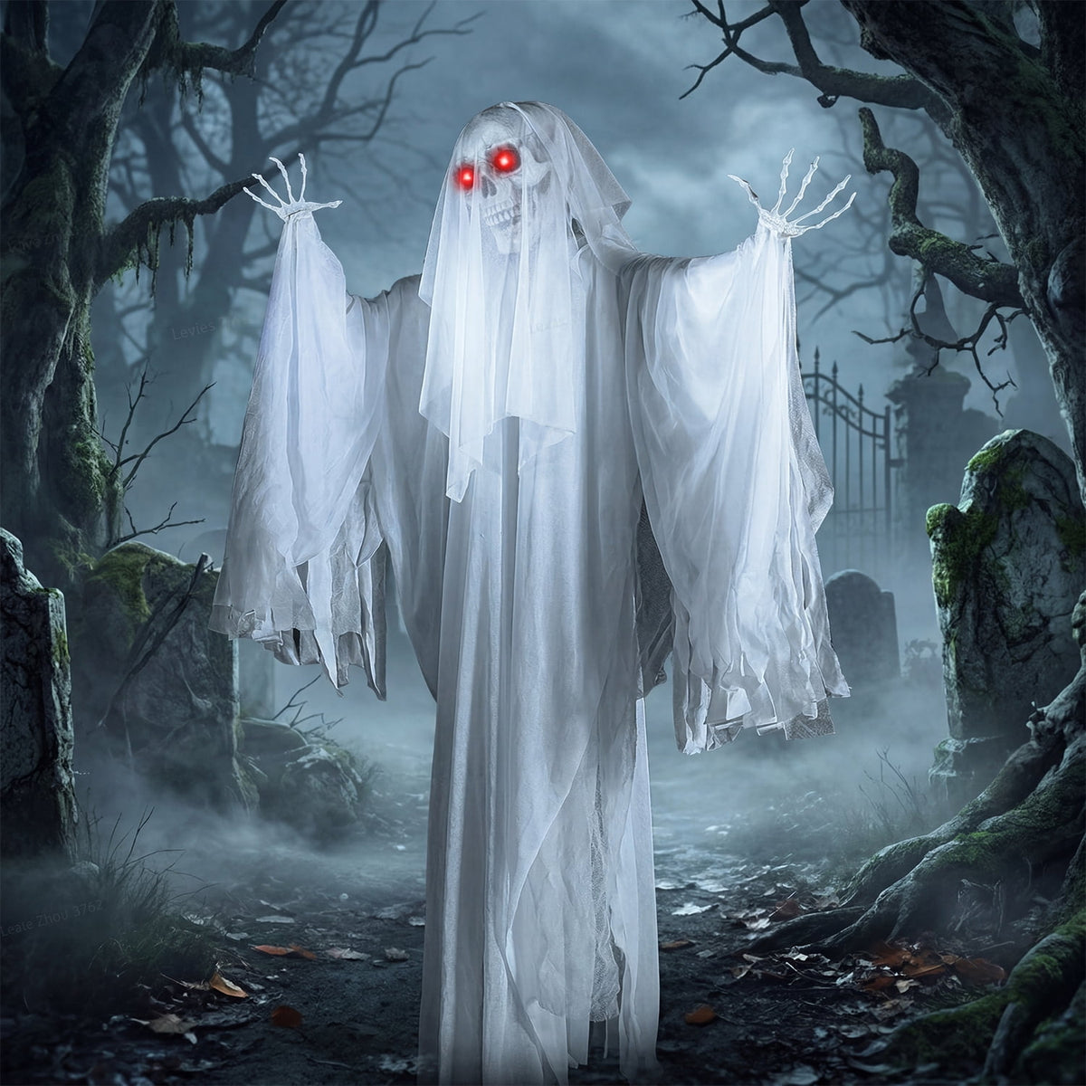 Joyfy 67"(5.6ft) Standing Ghost Large Halloween Decorations Outdoor, Sound-Actived Skeleton with Glowing Eyes & Creepy Sound, Scary Halloween Life Size Animatronics, Haunted House Props for Yard Lawn