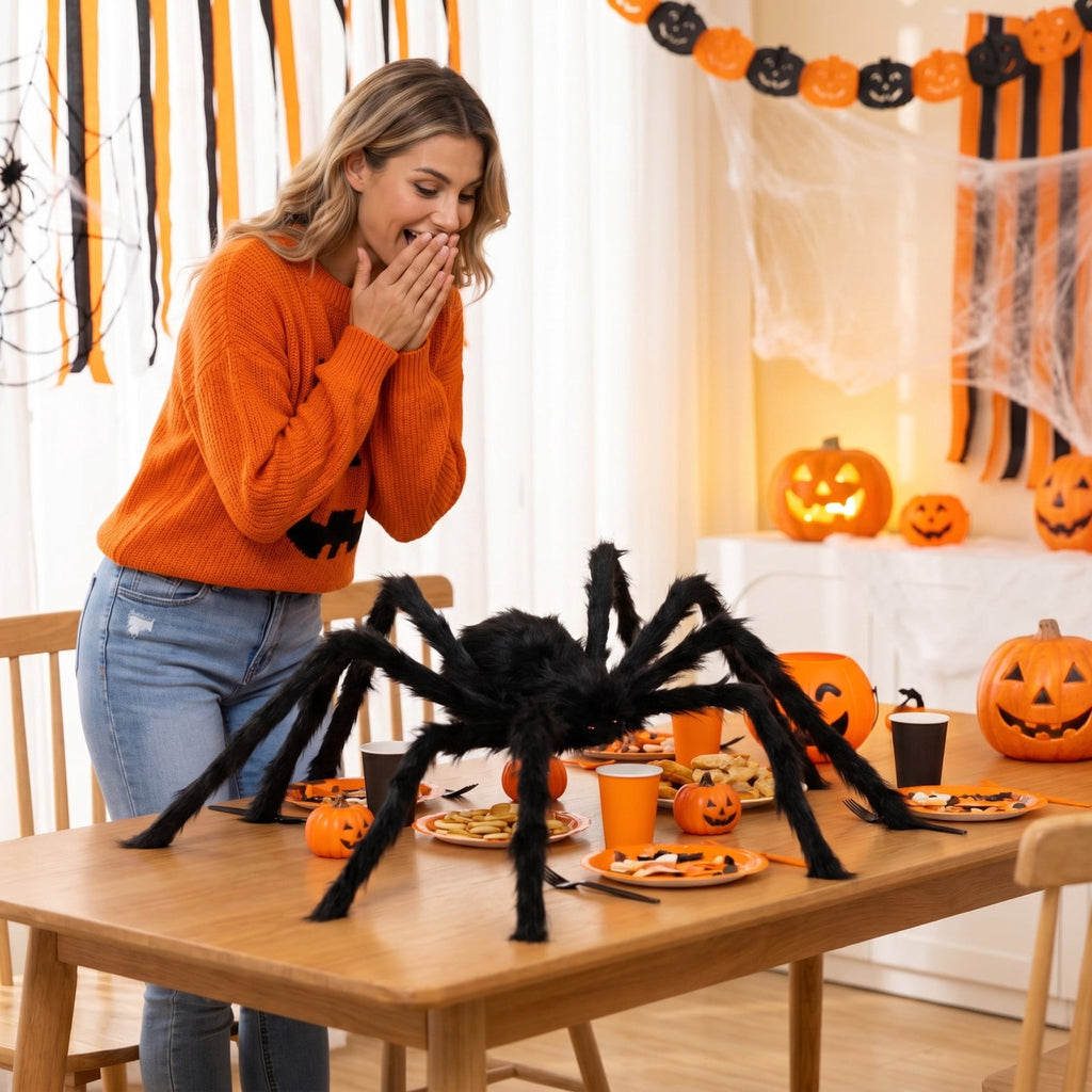 geerera 29.5" Sound-Activated Animated Spider, Large Black Fuzzy Moving Halloween Prop, Crawling Scary Toy for Indoor Party, Doorway & Yard Party Decor