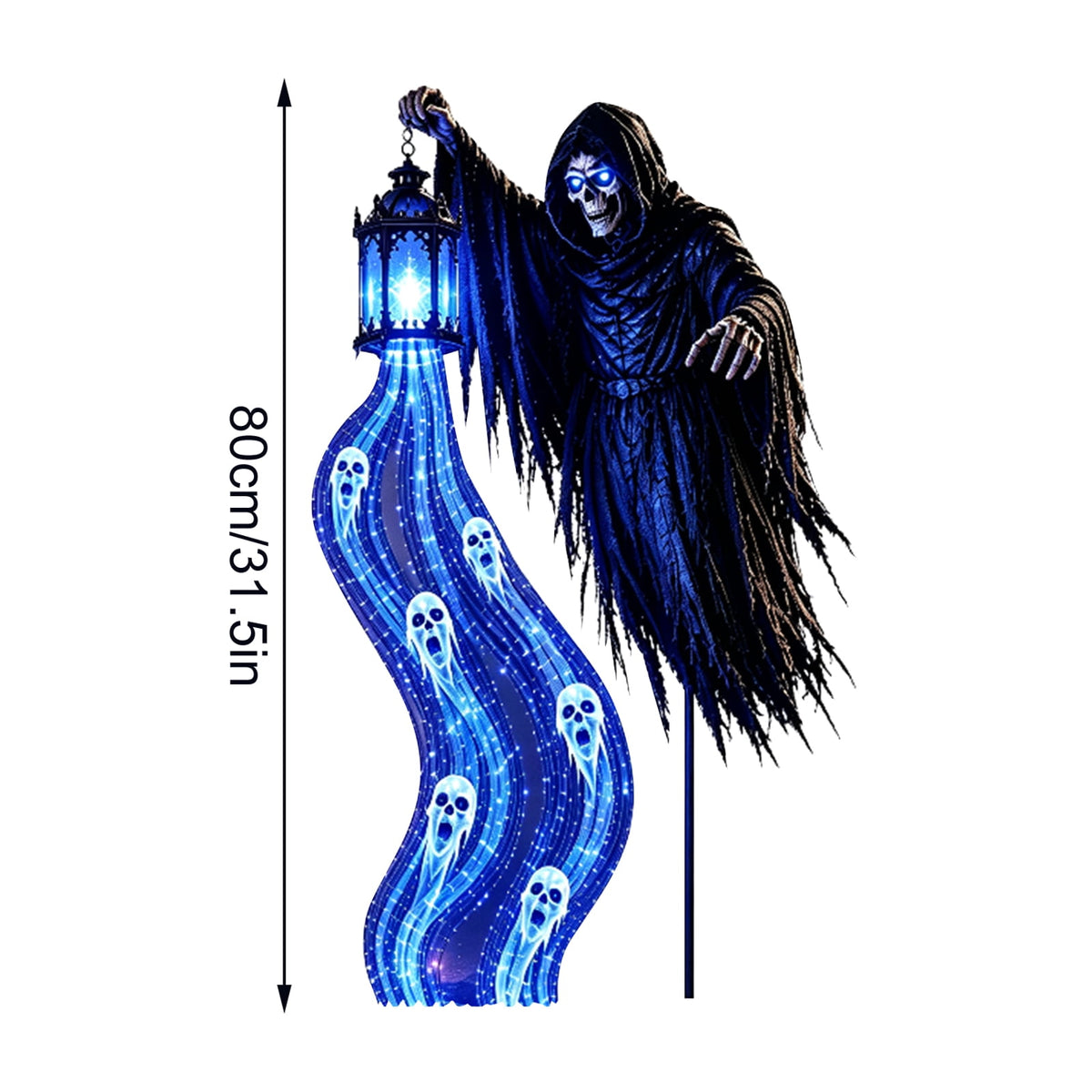 Halloween Grim Reaper Solar Garden Light, Animated Skeleton Yard Stake with Glowing Blue Ghost Streamer & Lantern, Halloween Outdoor Decorations for Front Yard & Walkway