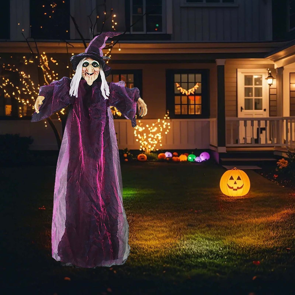 Halloween Animatronics Witch Decorations, 6 FT Hanging Witch Halloween Decor, Giant Animated Standing Talking Witch with Red Eyes, Flying Witch Standing Decor for Scary Decors Prop