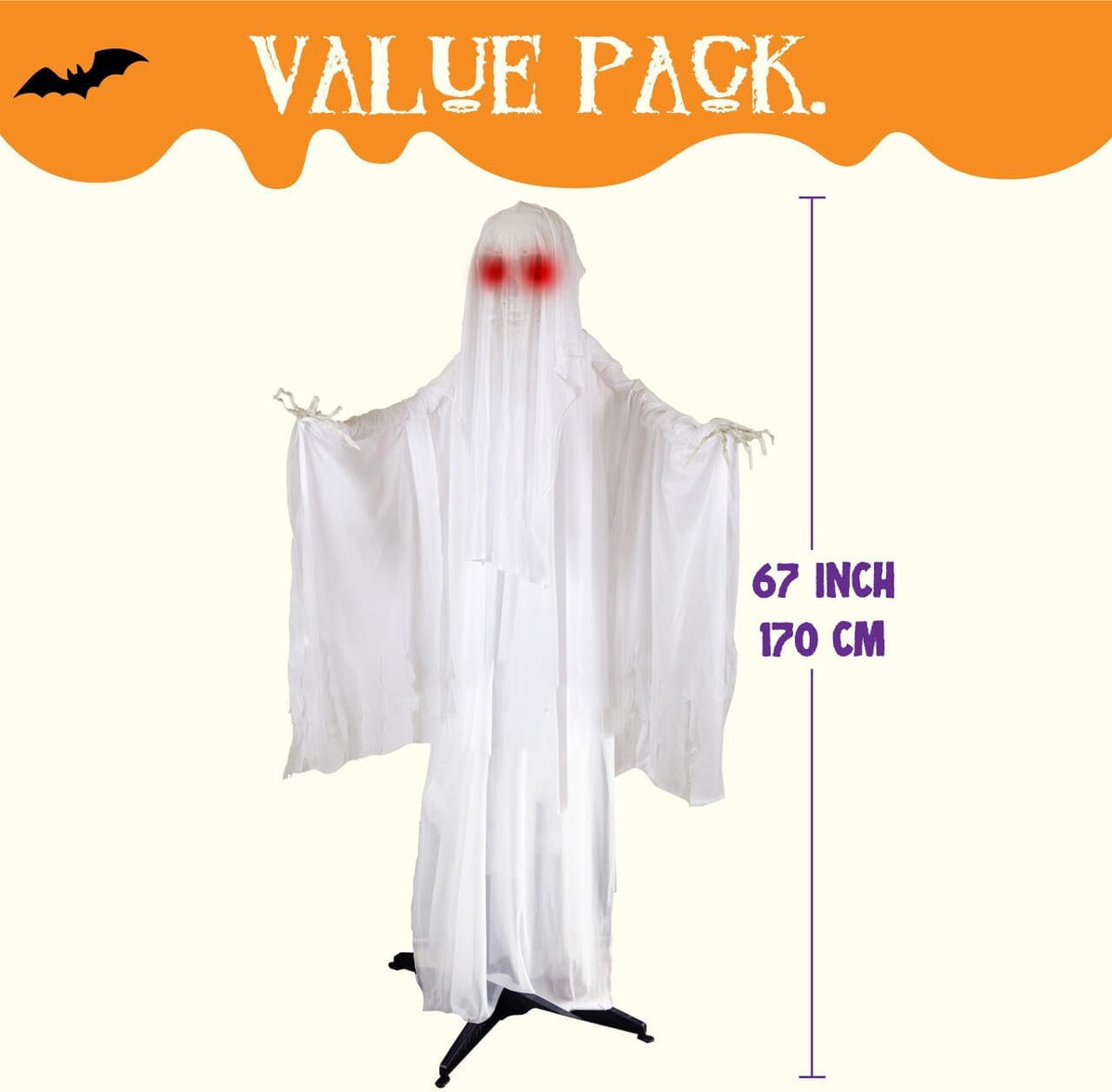Joyfy 67"(5.6ft) Standing Ghost Large Halloween Decorations Outdoor, Sound-Actived Skeleton with Glowing Eyes & Creepy Sound, Scary Halloween Life Size Animatronics, Haunted House Props for Yard Lawn
