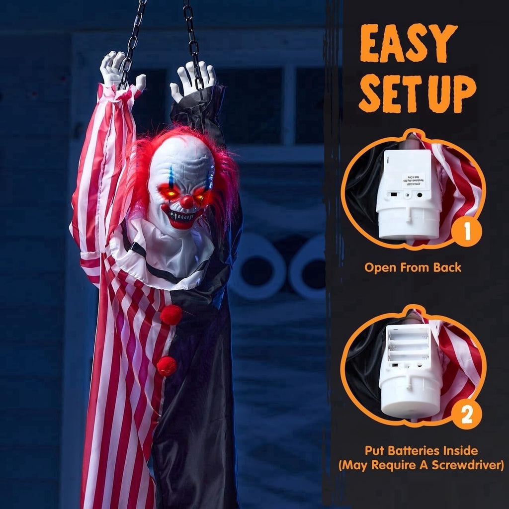 Joyfy 65" Halloween Hanging Scary Clown Decorations with Chain, with LED Lights Talking Animatronics Decor Outdoor Indoor for Haunted House Lawn Yard Patio