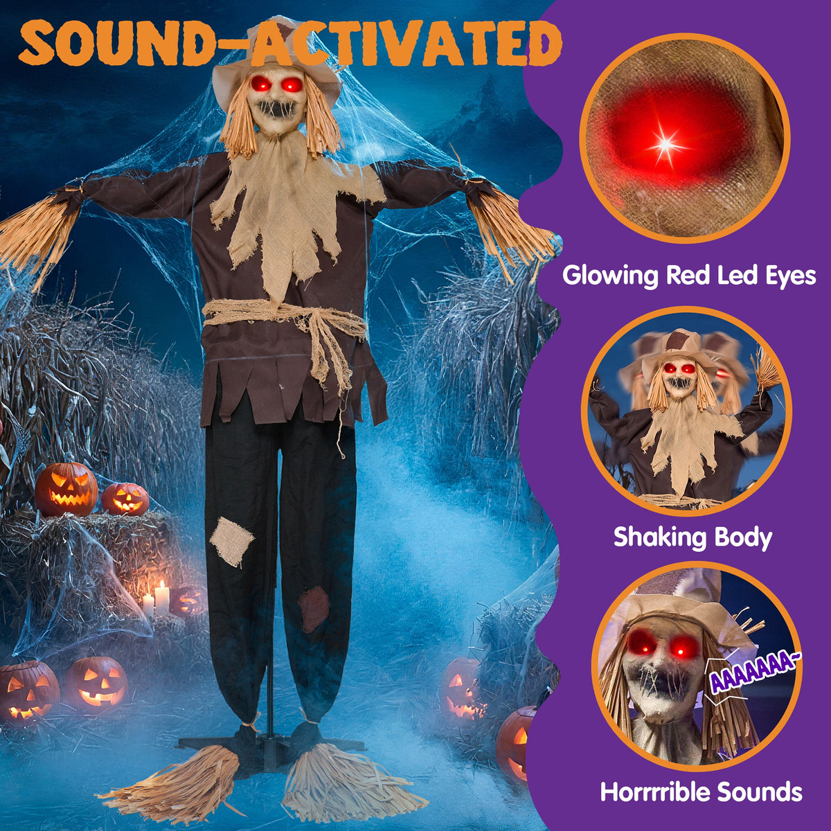 Joyfy 67"(5.6ft) Standing Ghost Large Halloween Decorations Outdoor, Sound-Actived Skeleton with Glowing Eyes & Creepy Sound, Scary Halloween Life Size Animatronics, Haunted House Props for Yard Lawn