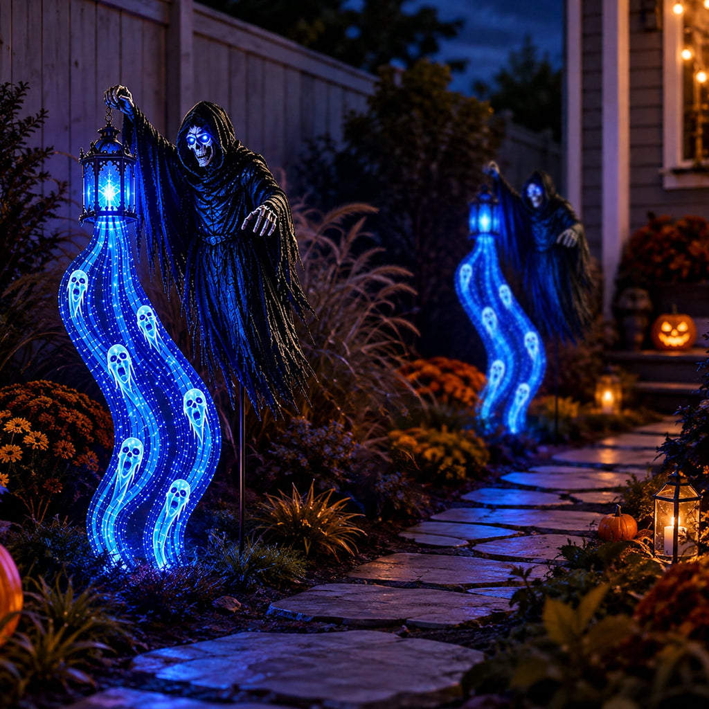 Halloween Soul Harvester Animated Solar Garden Stake Light, 31.5 Inch Grim Reaper Blue Ghost Light with Haunted Lantern, Spooky Outdoor Yard Decor for Lawn Walkway Garden