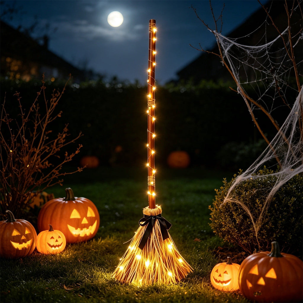 Halloween Decoration Indoor Animated Floating Witch Broom Light Up Broom with Sound Activated, Spooky Halloween Moving Witch Broom for Holiday Party Displays