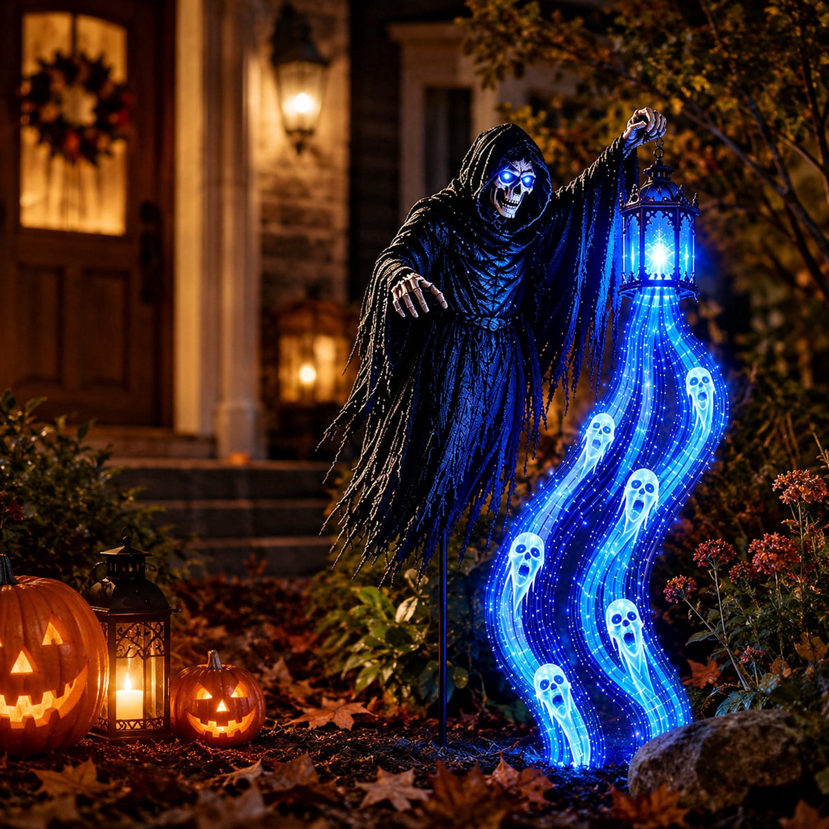 Halloween Soul Harvester Animated Garden Light, Solar Powered Iron Stake Lamp With Spooky Blue Ghost Led For Garden Pathway