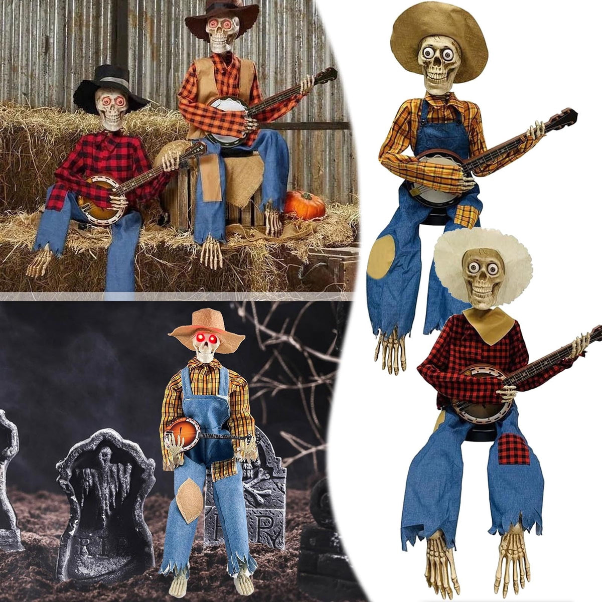 Dueling_Banjo Skeletons, 2025 Funny Animated Dueling_Banjo Halloween Skeletons, Country Skeleton Musicians with Light up Eyes for Halloween Decoractions Indoor Home Decor (Red&Yellow,2Pcs)