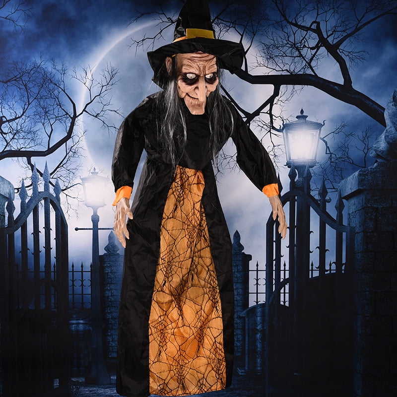 Halloween animated witch with sound and light effects (AAA batteries not included), perfect for haunted house decoration, voice-activated witch party horror hangings, Halloween escape props