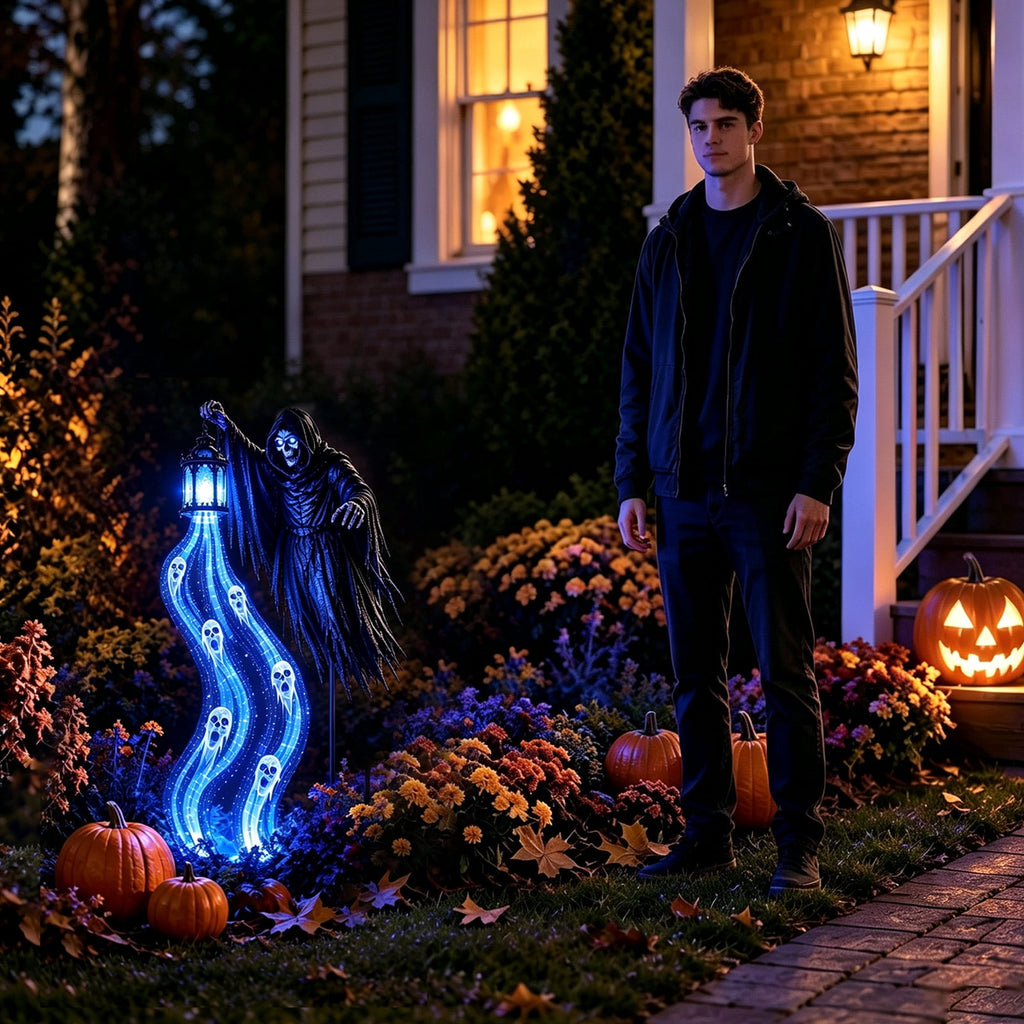 Halloween Soul Harvester Animated Solar Garden Stake Light, Spooky Grim Reaper with Blue Ghost Lights and Lantern, 31.5 Inch Solar Halloween Yard Stake for Haunted House Lawn Garden Decor