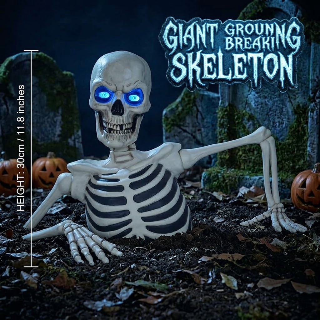 Clearance Halloween Giant Skeleton Decoration, Outdoor Yard Ground Breaking Skeleton Prop with LCD Animated Eyes and Adjustable Arms, Spooky Decor for Lawn Porch Patio