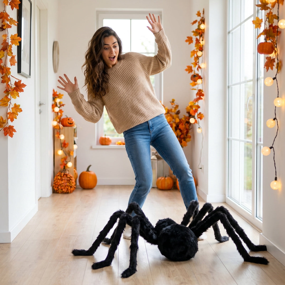 Animated Halloween Props, 29" Giant Sound Activated Spider Toys, Creepy Realistic Plush Spider Crawling on Wall for Home Bar Decor (Wall type)