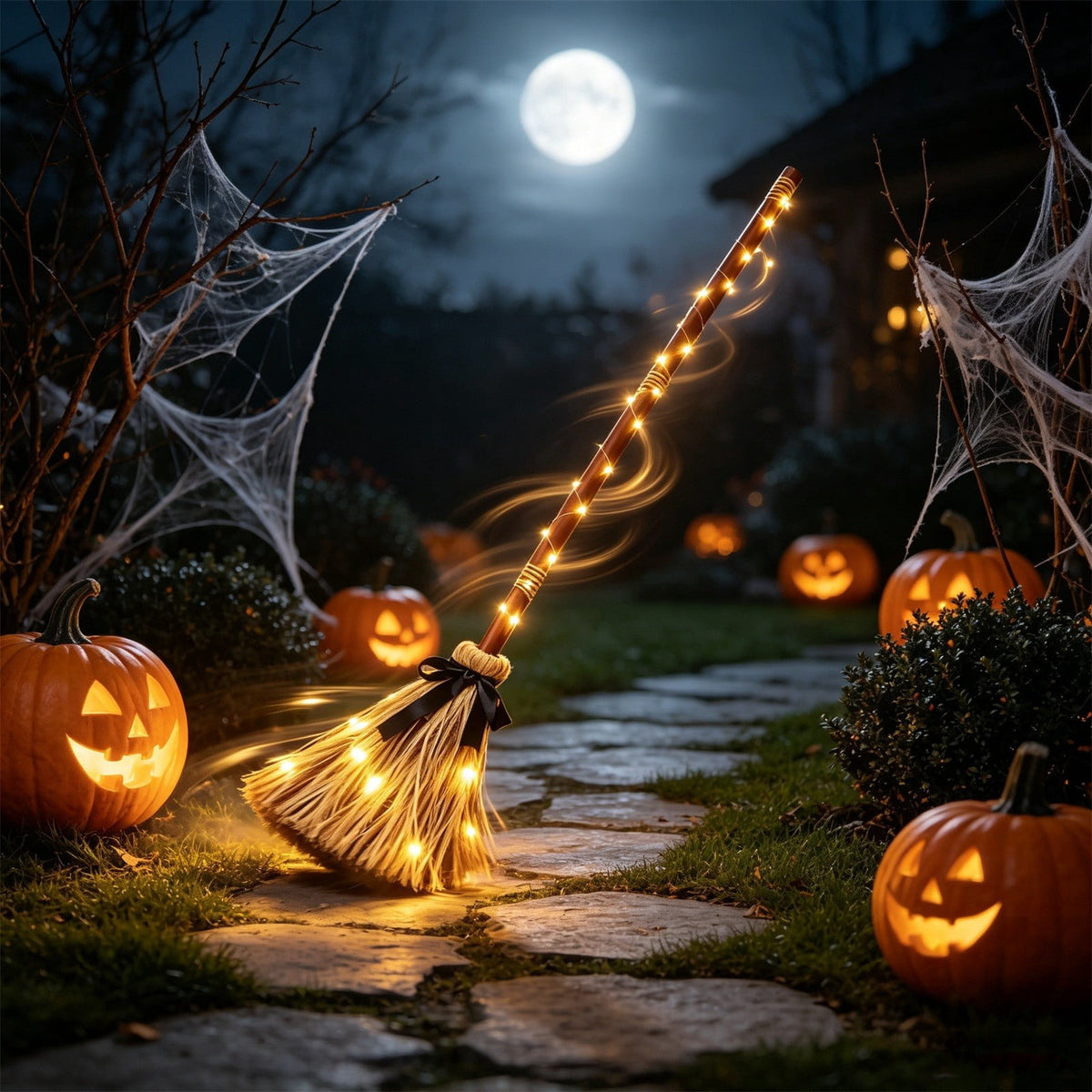 Halloween Decoration Indoor Animated Floating Witch Broom Light Up Broom with Sound Activated, Spooky Halloween Moving Witch Broom for Holiday Party Displays