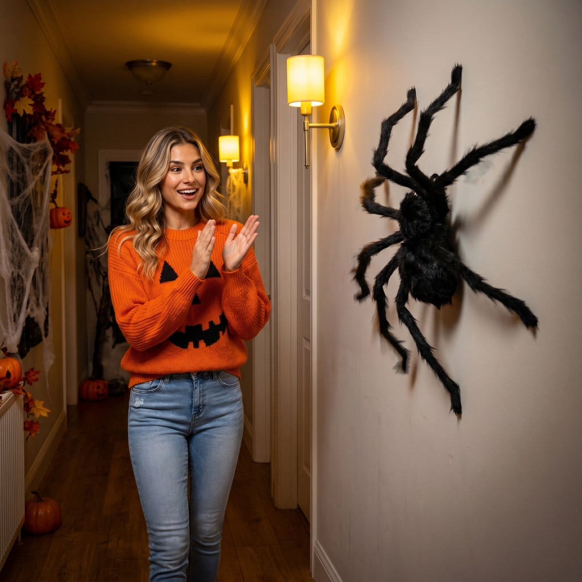 Qocolcyl 29.5in Voice Activated Giant Black Furry Spider Halloween Decor, Sound Controlled Crawling Plastic Spider Toy, Spooky Animated Prop for Indoor Outdoor Yard Bar Party Holiday Decor Gift