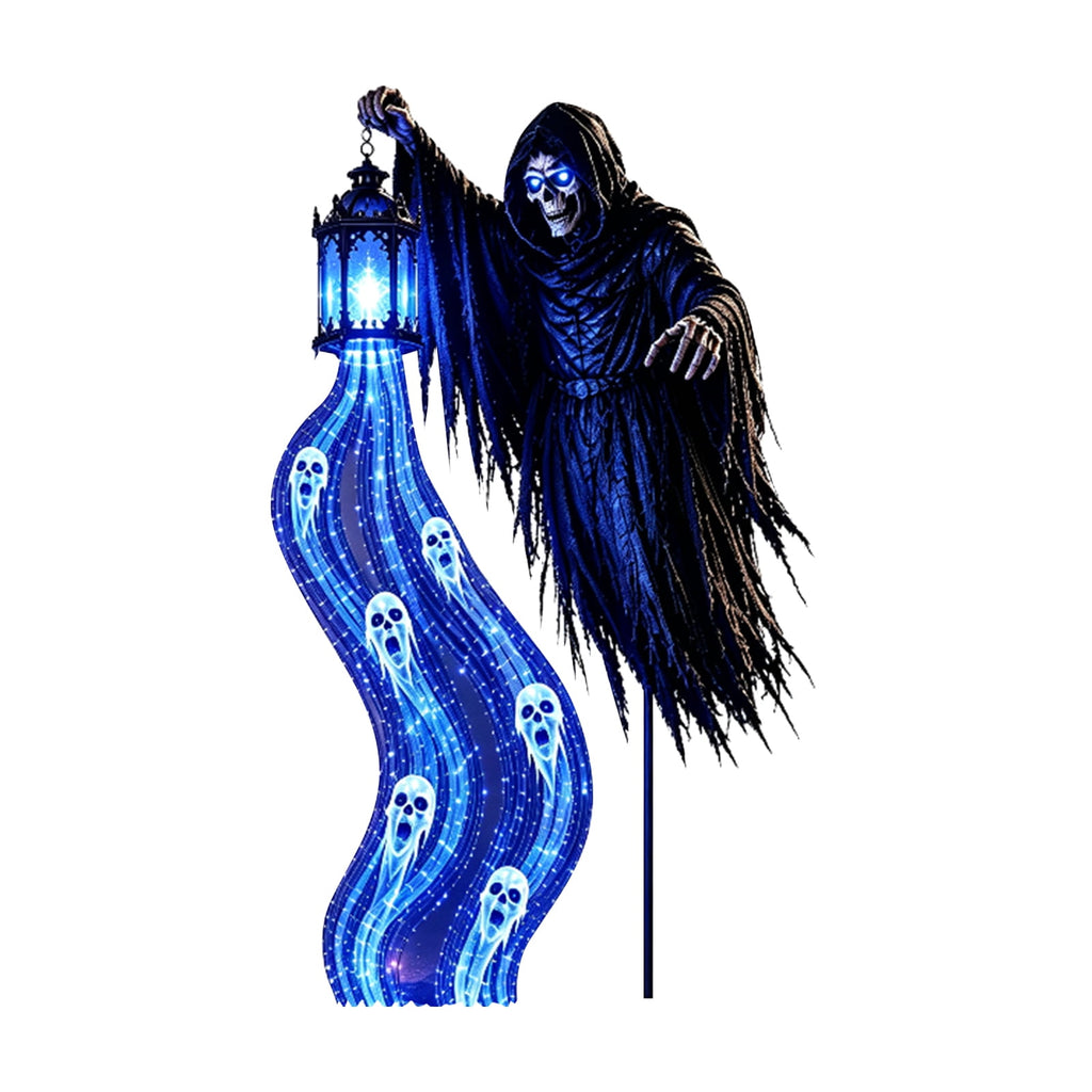 Halloween Soul Harvester Animated Garden Light, 31.5 In Solar Powered Flat Evil Skull Stake Light with Flowing Blue LED Ghost Effect, Waterproof Outdoor Decor for Lawn Yard Pathway Layout, 1Pc