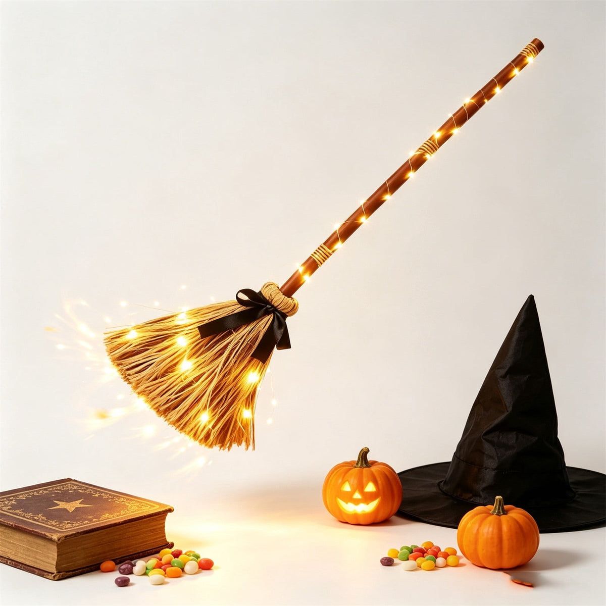 Clearance Gunhay Halloween Witches Broom Decor, 37.4" Animated Floating Broomstick for Spooky Sounds, Light-up Dancing Magic Witch Broom, Rustic Farmhouse Decoration for Indoor Outdoor