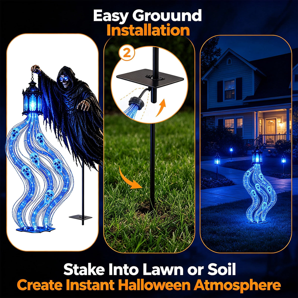 Sulaicai Halloween Soul Harvester Animated Garden Light, Spooky Reaper Ghost Yard Stake with Blue LED Lights, Outdoor Halloween Decor for Lawn, Pathway & Porch