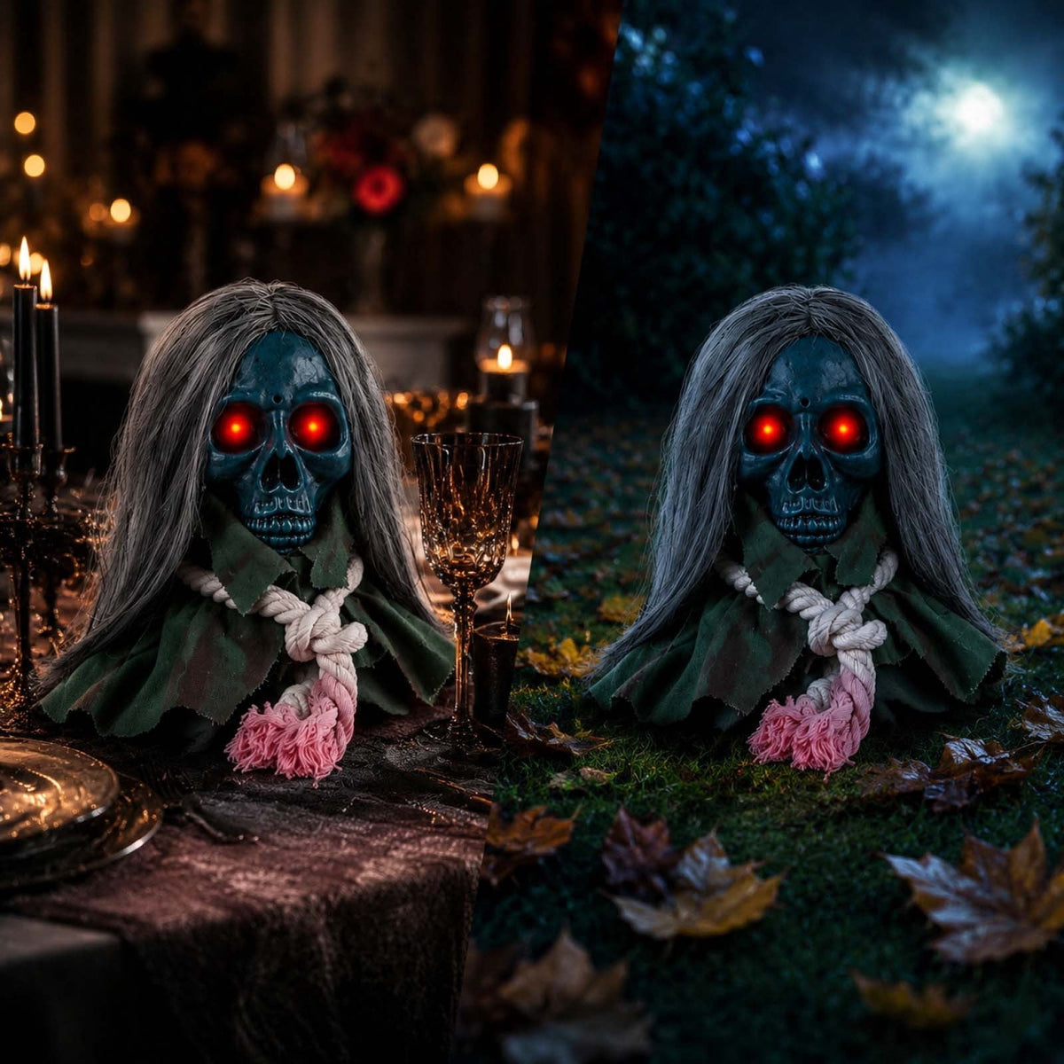 Animated Walking Skull Head with Light-Up Red Eyes Creepy Moving Halloween Prop with Long Grey Hair Horror Music Motorized Resin Decoration for Party Yard Indoor Outdoor Spooky Decor Gift